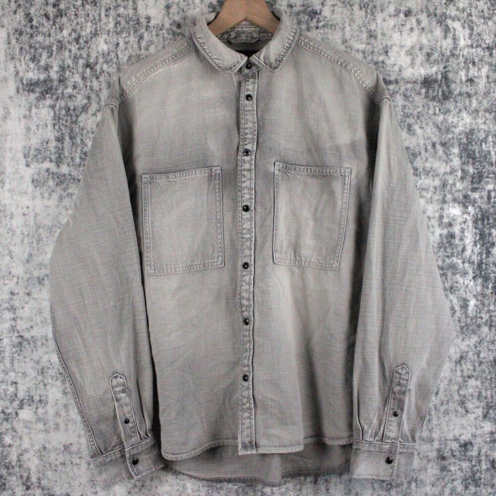 AllSaints AL Denim Oversized Button Up Shirt Gray Wash Mens Size S Long Sleeve